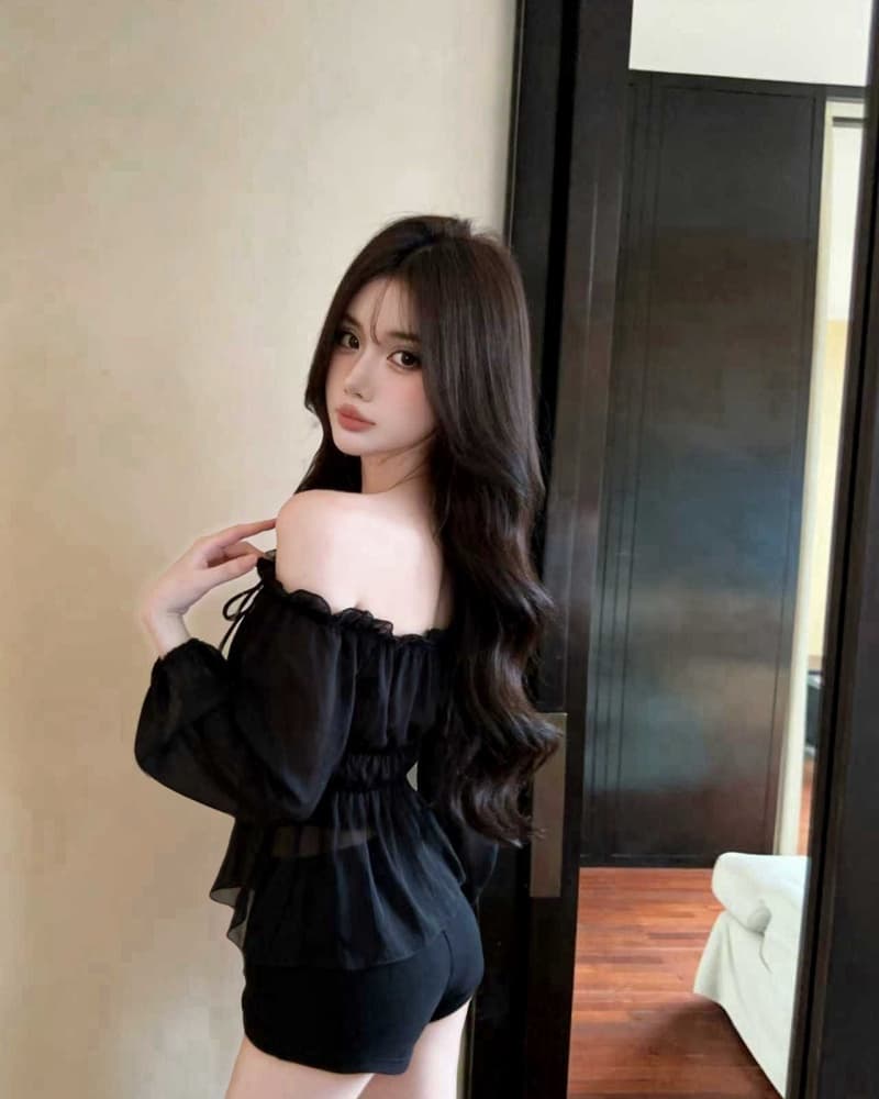 실사 새로운 살구 색상 오프숄더 레이스업 하프 시스루 레이스 쉬폰 블라우스 맨위 여성 상세 이미지 17