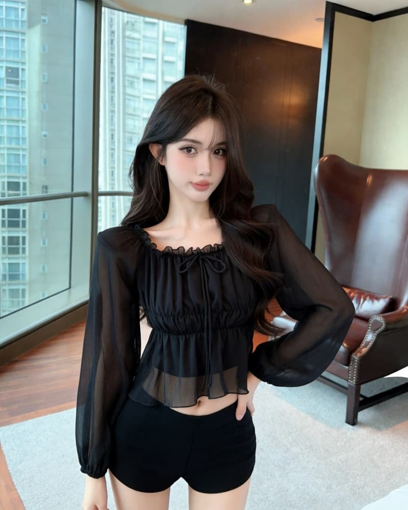 실사 새로운 살구 색상 오프숄더 레이스업 하프 시스루 레이스 쉬폰 블라우스 맨위 여성 상세 이미지 18