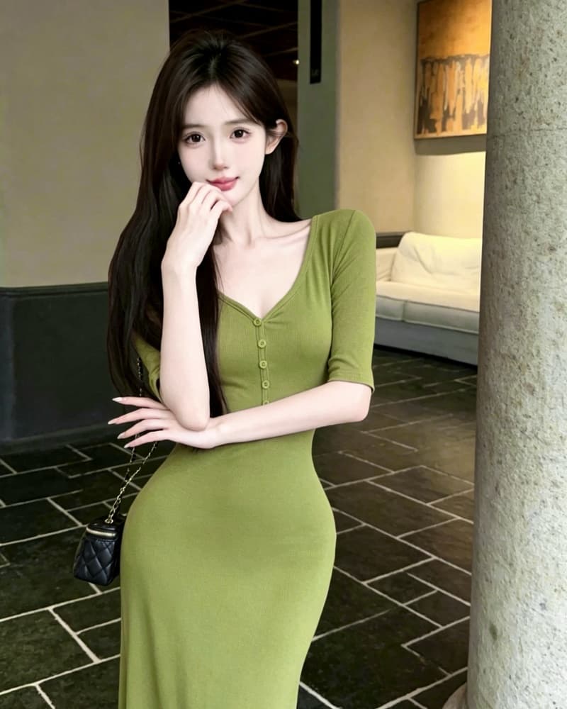 실사 새로운 품격 주황색 V넥 중간 소매 디스플레이 몸 여성 드레스 이미지 2