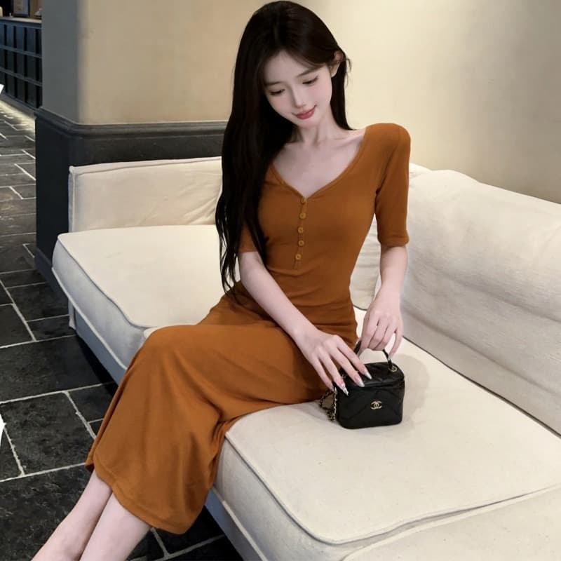 실사 새로운 품격 주황색 V넥 중간 소매 디스플레이 몸 여성 드레스 이미지 5