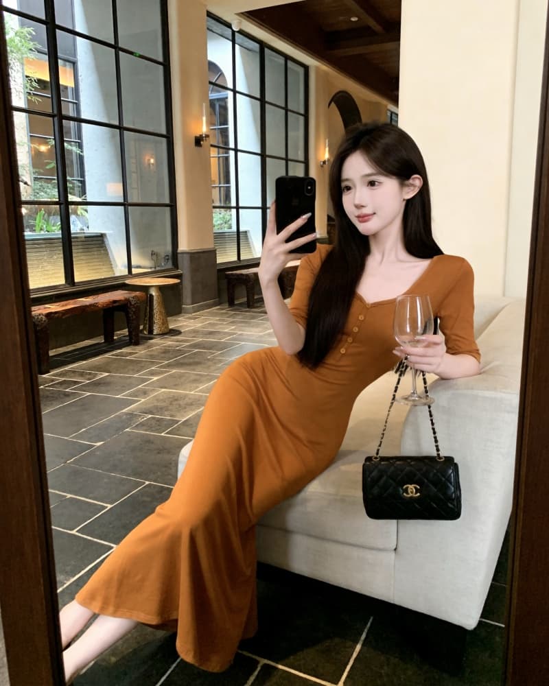 실사 새로운 품격 주황색 V넥 중간 소매 디스플레이 몸 여성 드레스 상세 이미지 1