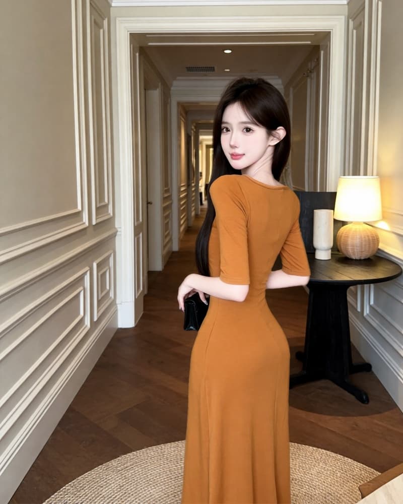 실사 새로운 품격 주황색 V넥 중간 소매 디스플레이 몸 여성 드레스 상세 이미지 4