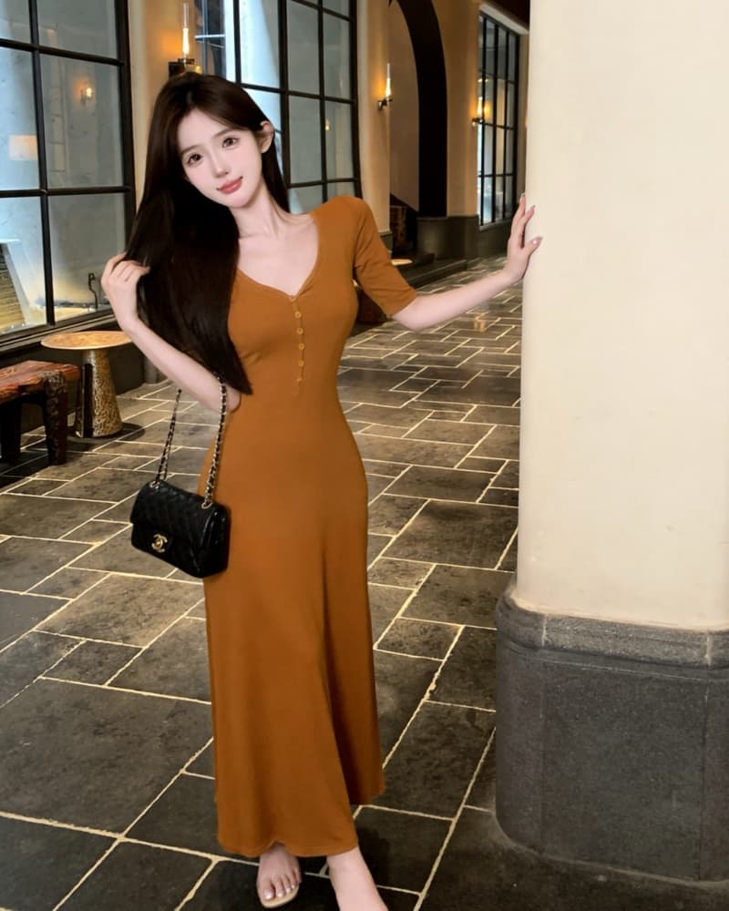 실사 새로운 품격 주황색 V넥 중간 소매 디스플레이 몸 여성 드레스 상세 이미지 9