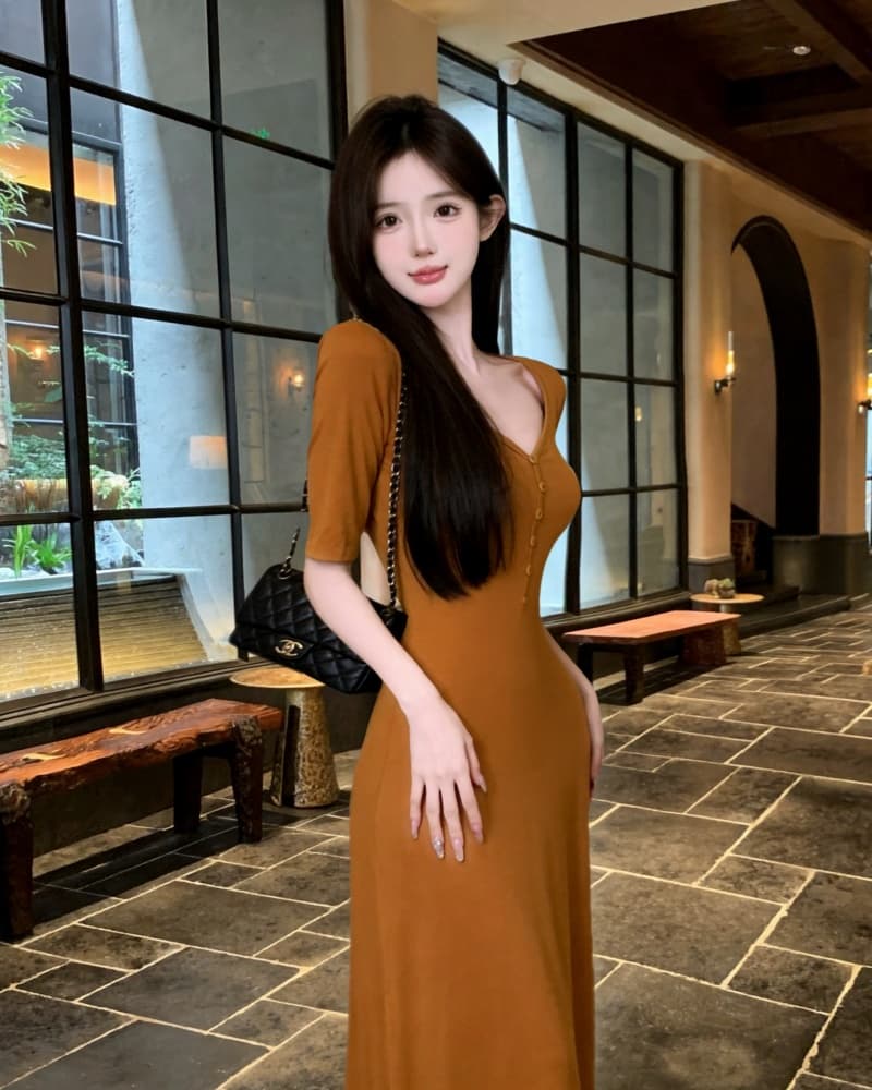 실사 새로운 품격 주황색 V넥 중간 소매 디스플레이 몸 여성 드레스 상세 이미지 10