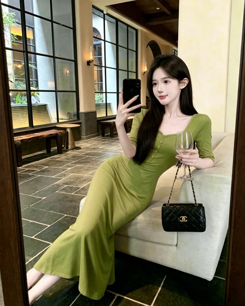 실사 새로운 품격 주황색 V넥 중간 소매 디스플레이 몸 여성 드레스 상세 이미지 13