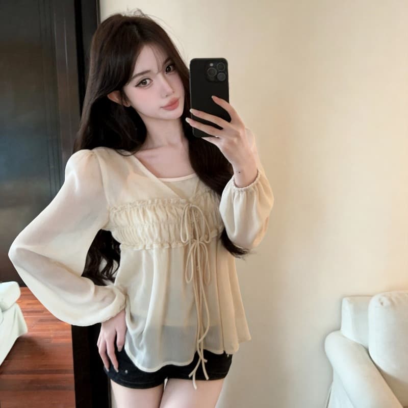 실사 새로운 한 부서 시스루 V넥 주름 레이스업 긴팔 쉬폰 톱 여성 경기 만나는 슬립 이미지 5