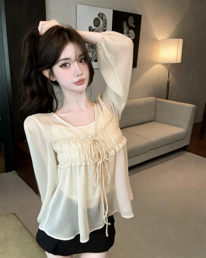 실사 새로운 한 부서 시스루 V넥 주름 레이스업 긴팔 쉬폰 톱 여성 경기 만나는 슬립 상세 이미지 1