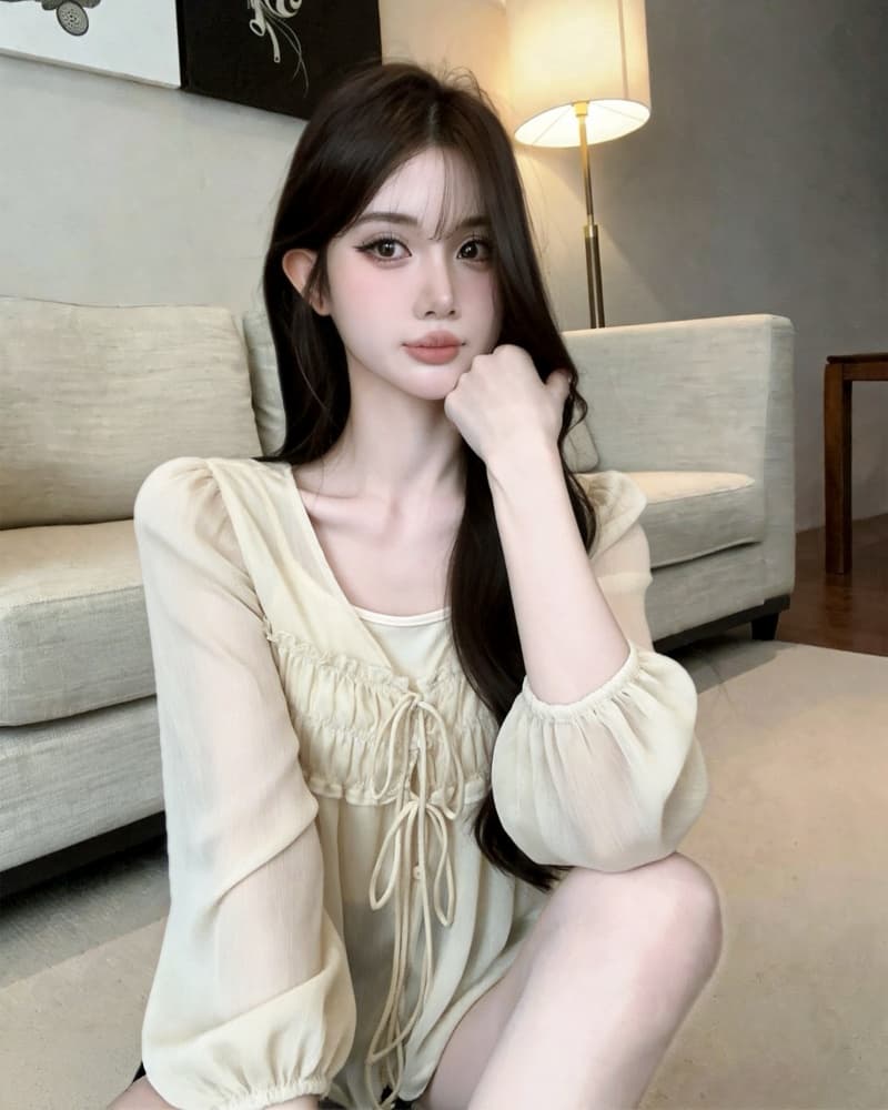 실사 새로운 한 부서 시스루 V넥 주름 레이스업 긴팔 쉬폰 톱 여성 경기 만나는 슬립 상세 이미지 2