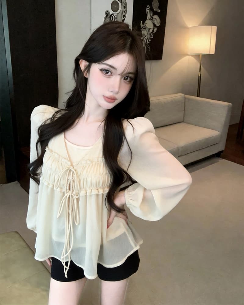실사 새로운 한 부서 시스루 V넥 주름 레이스업 긴팔 쉬폰 톱 여성 경기 만나는 슬립 상세 이미지 3