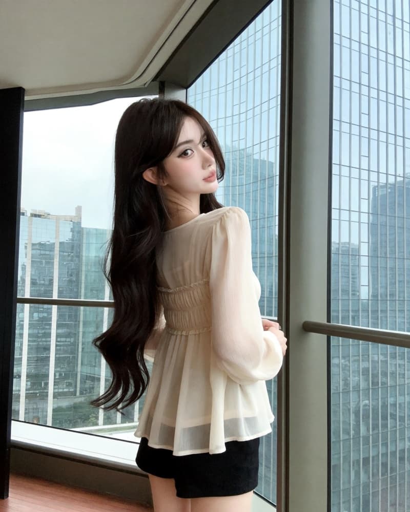 실사 새로운 한 부서 시스루 V넥 주름 레이스업 긴팔 쉬폰 톱 여성 경기 만나는 슬립 상세 이미지 5