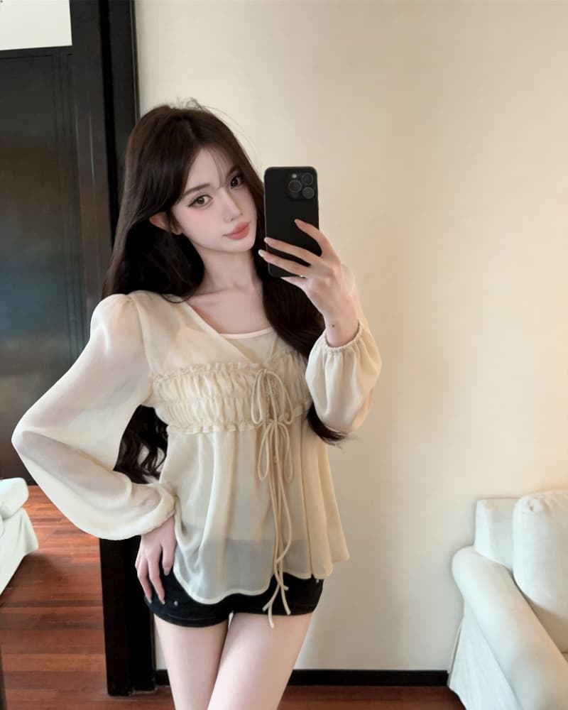 실사 새로운 한 부서 시스루 V넥 주름 레이스업 긴팔 쉬폰 톱 여성 경기 만나는 슬립 상세 이미지 6