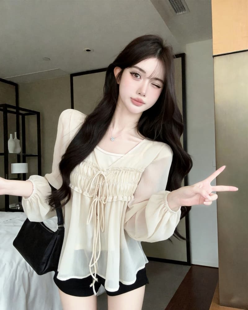 실사 새로운 한 부서 시스루 V넥 주름 레이스업 긴팔 쉬폰 톱 여성 경기 만나는 슬립 상세 이미지 8