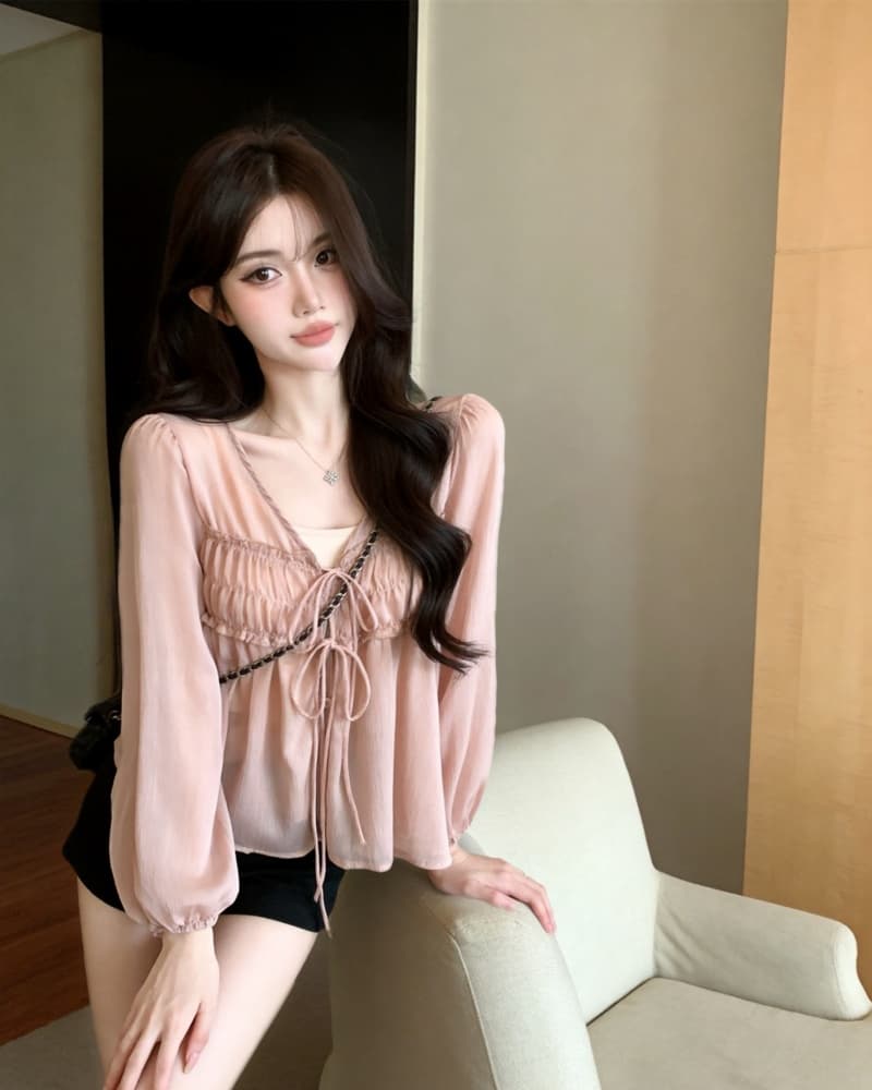 실사 새로운 한 부서 시스루 V넥 주름 레이스업 긴팔 쉬폰 톱 여성 경기 만나는 슬립 상세 이미지 9