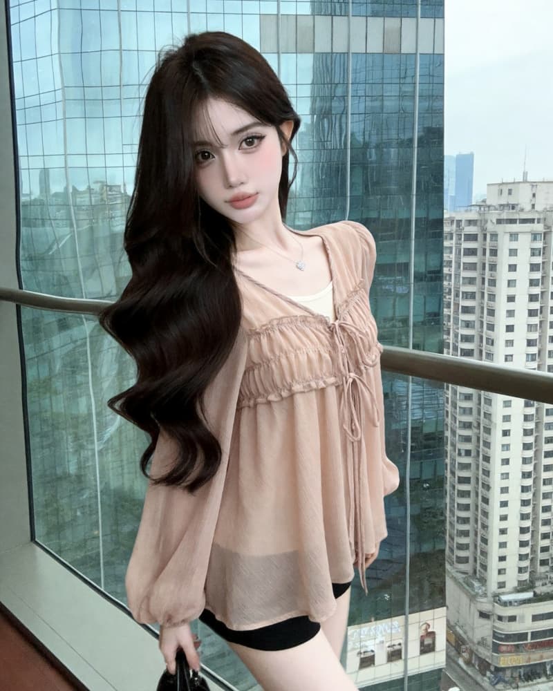 실사 새로운 한 부서 시스루 V넥 주름 레이스업 긴팔 쉬폰 톱 여성 경기 만나는 슬립 상세 이미지 10