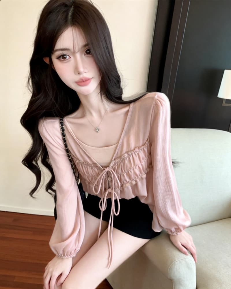 실사 새로운 한 부서 시스루 V넥 주름 레이스업 긴팔 쉬폰 톱 여성 경기 만나는 슬립 상세 이미지 11