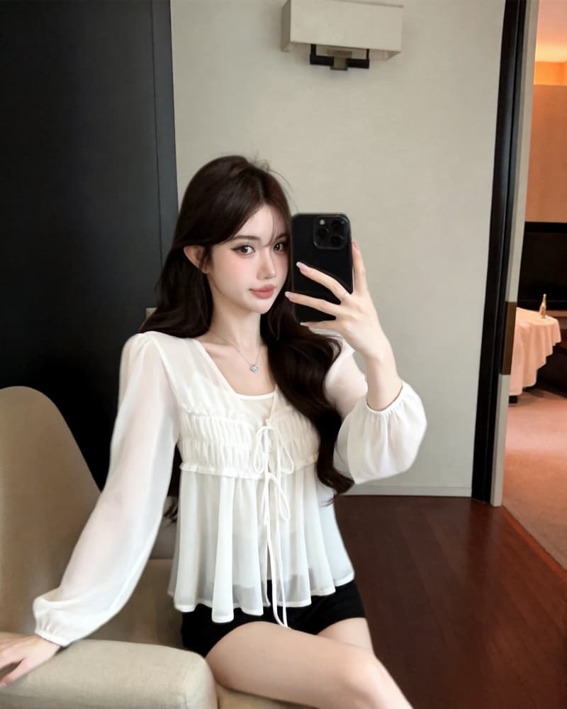 실사 새로운 한 부서 시스루 V넥 주름 레이스업 긴팔 쉬폰 톱 여성 경기 만나는 슬립 상세 이미지 13