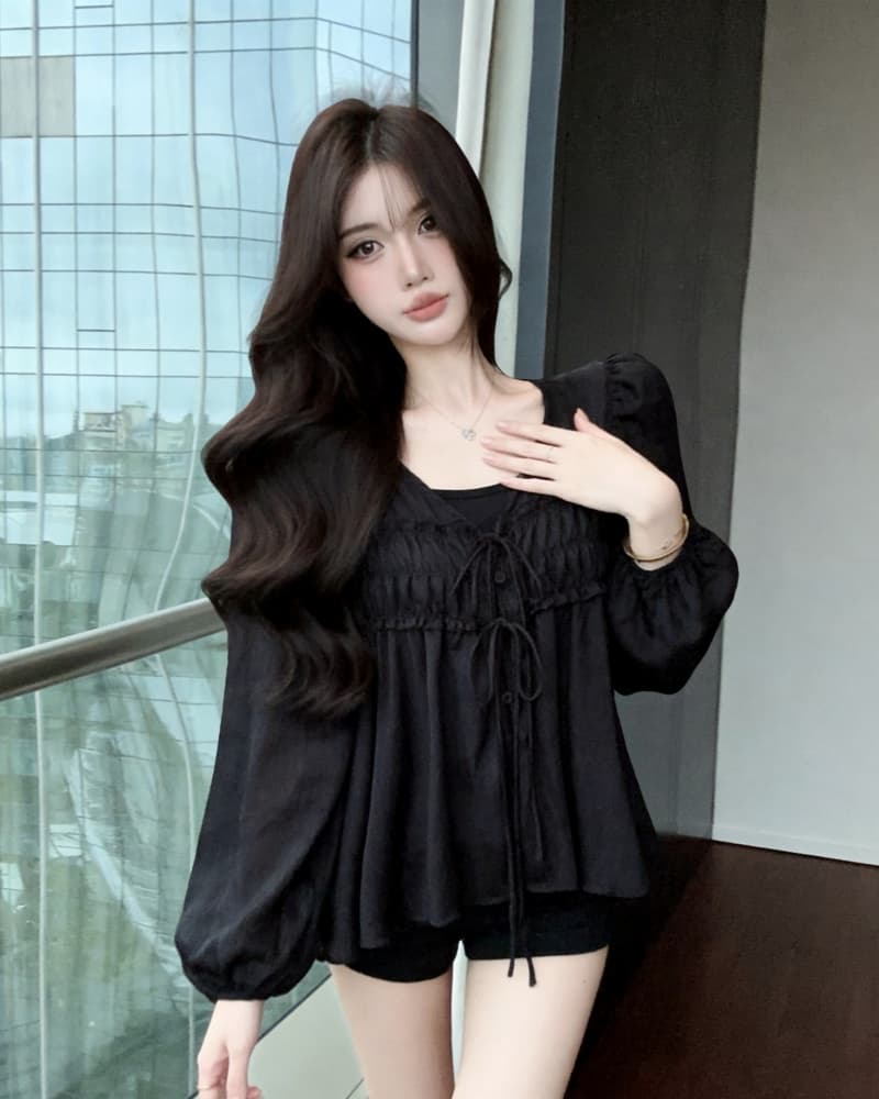 실사 새로운 한 부서 시스루 V넥 주름 레이스업 긴팔 쉬폰 톱 여성 경기 만나는 슬립 상세 이미지 15