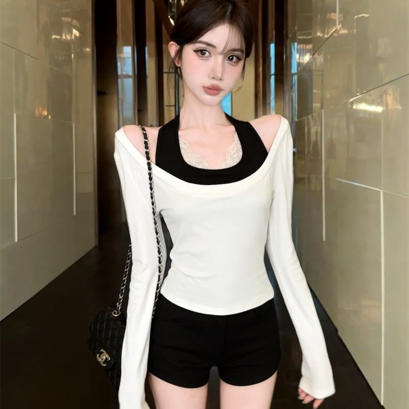 실사 새로운 순수한 욕망 행침 목 캐미솔 티셔츠 맨위 두 조각 여성 세트 이미지 5