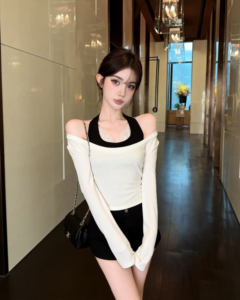 실사 새로운 순수한 욕망 행침 목 캐미솔 티셔츠 맨위 두 조각 여성 세트 상세 이미지 1