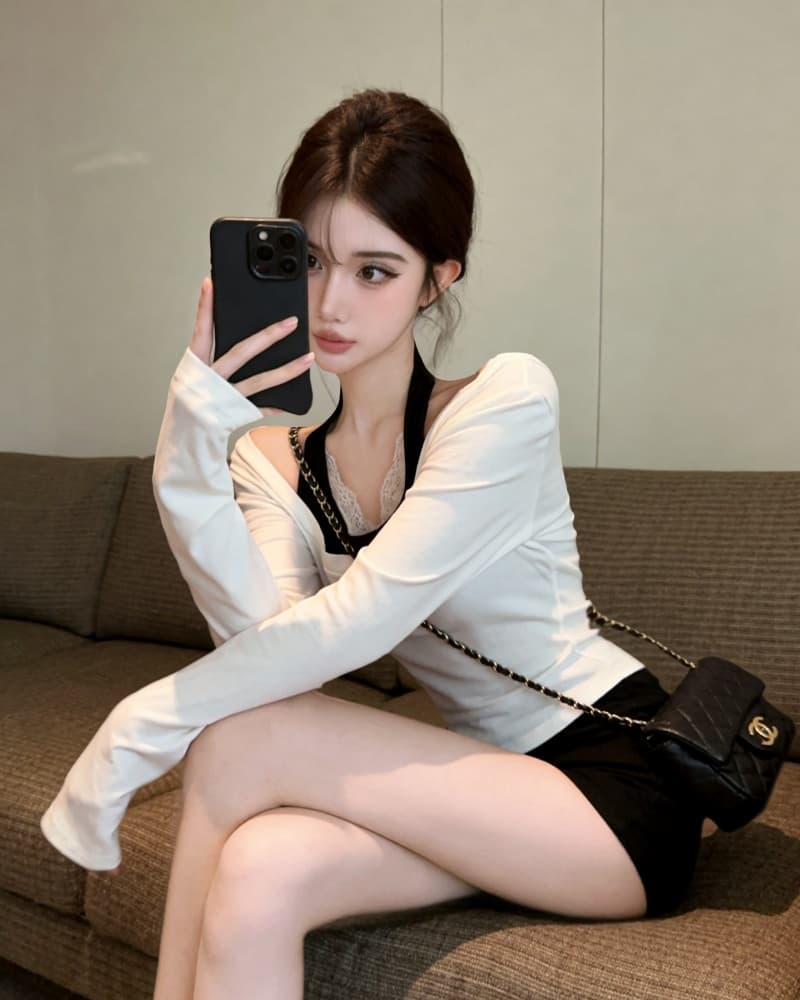 실사 새로운 순수한 욕망 행침 목 캐미솔 티셔츠 맨위 두 조각 여성 세트 상세 이미지 2