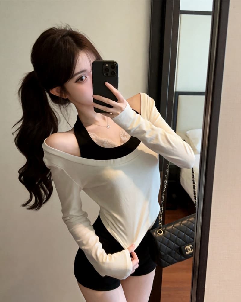 실사 새로운 순수한 욕망 행침 목 캐미솔 티셔츠 맨위 두 조각 여성 세트 상세 이미지 4