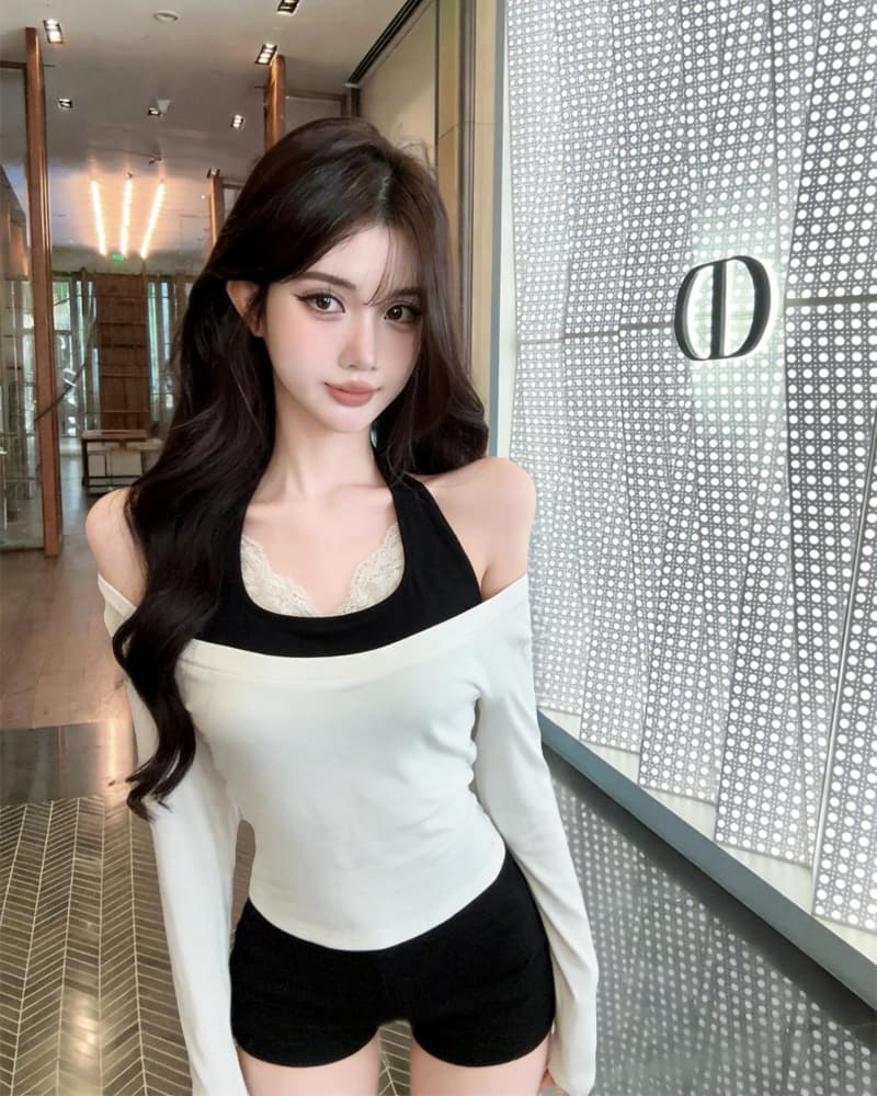 실사 새로운 순수한 욕망 행침 목 캐미솔 티셔츠 맨위 두 조각 여성 세트 상세 이미지 5