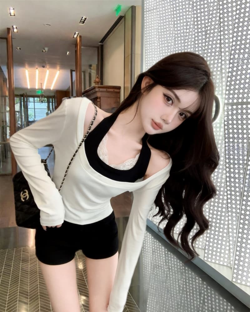 실사 새로운 순수한 욕망 행침 목 캐미솔 티셔츠 맨위 두 조각 여성 세트 상세 이미지 6