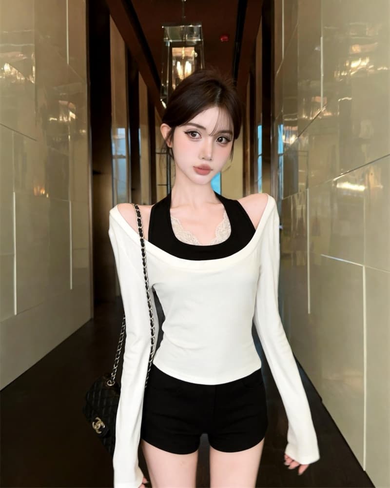 실사 새로운 순수한 욕망 행침 목 캐미솔 티셔츠 맨위 두 조각 여성 세트 상세 이미지 10