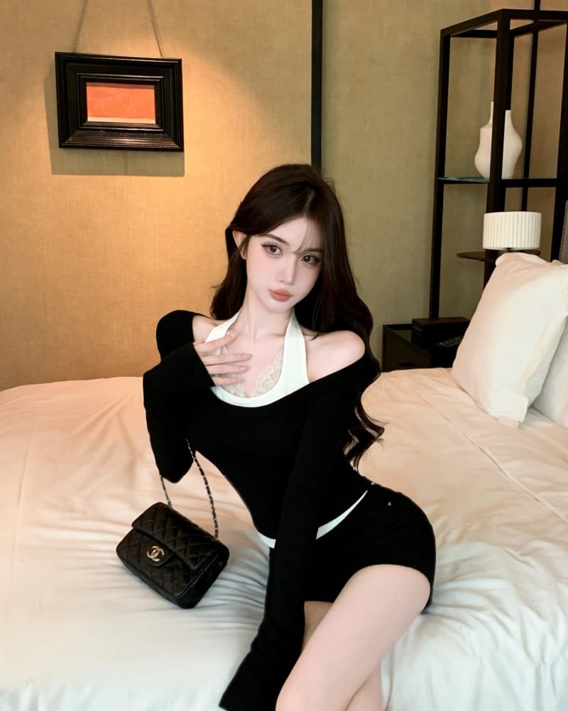 실사 새로운 순수한 욕망 행침 목 캐미솔 티셔츠 맨위 두 조각 여성 세트 상세 이미지 15