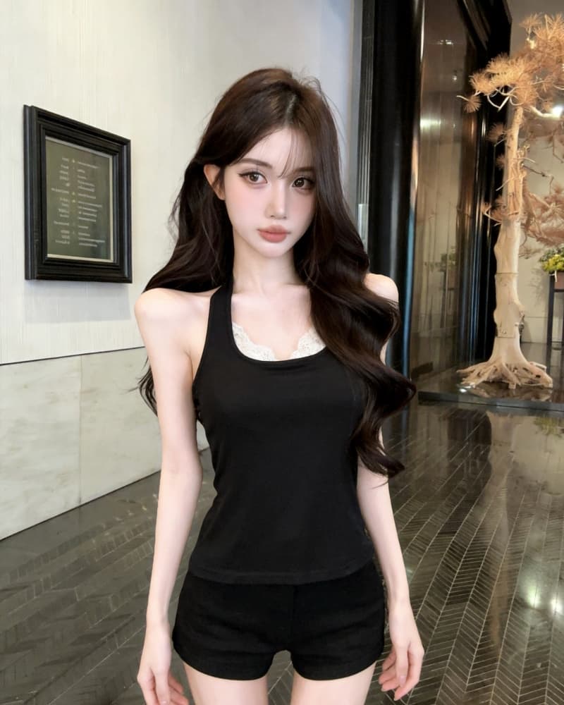 실사 새로운 순수한 욕망 행침 목 캐미솔 티셔츠 맨위 두 조각 여성 세트 상세 이미지 16