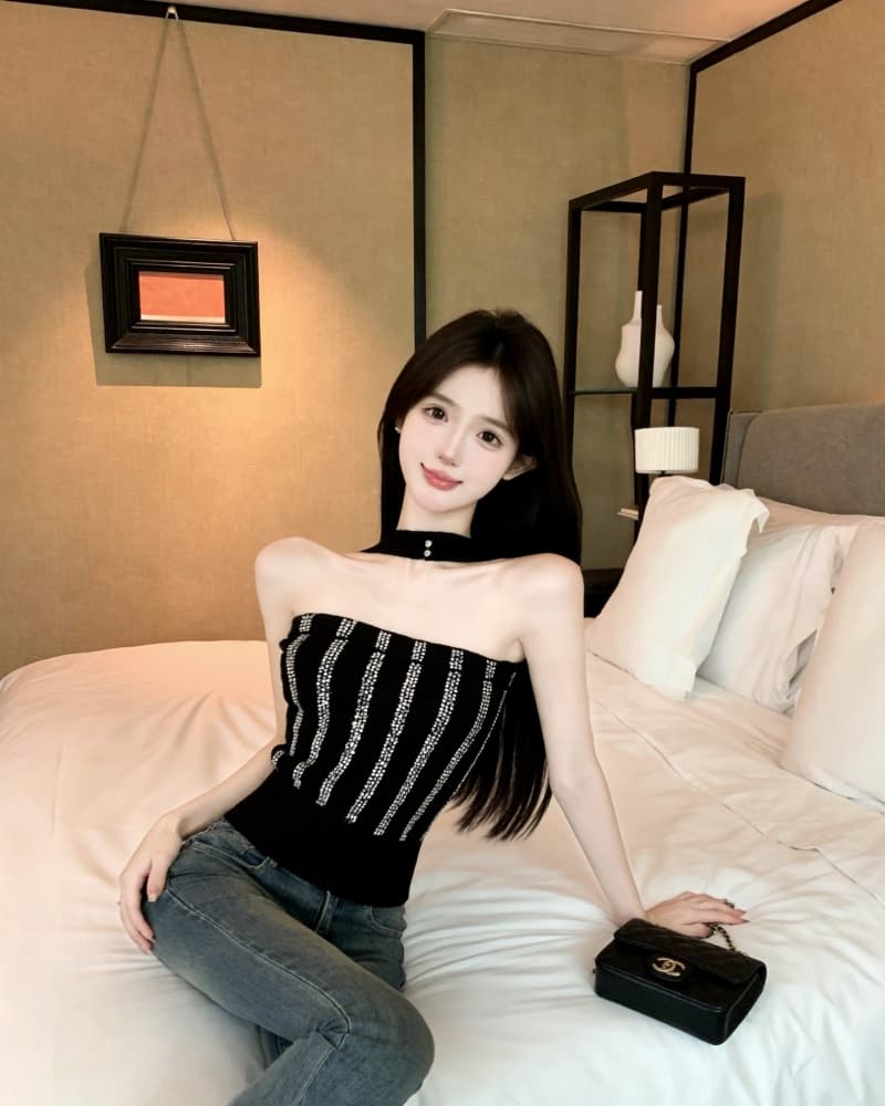 실사 새로운 순수한 욕망 앞면과 뒷면 둘 착용 백리스 핫픽스 행침 목 니트 스웨터 여성 이미지 2