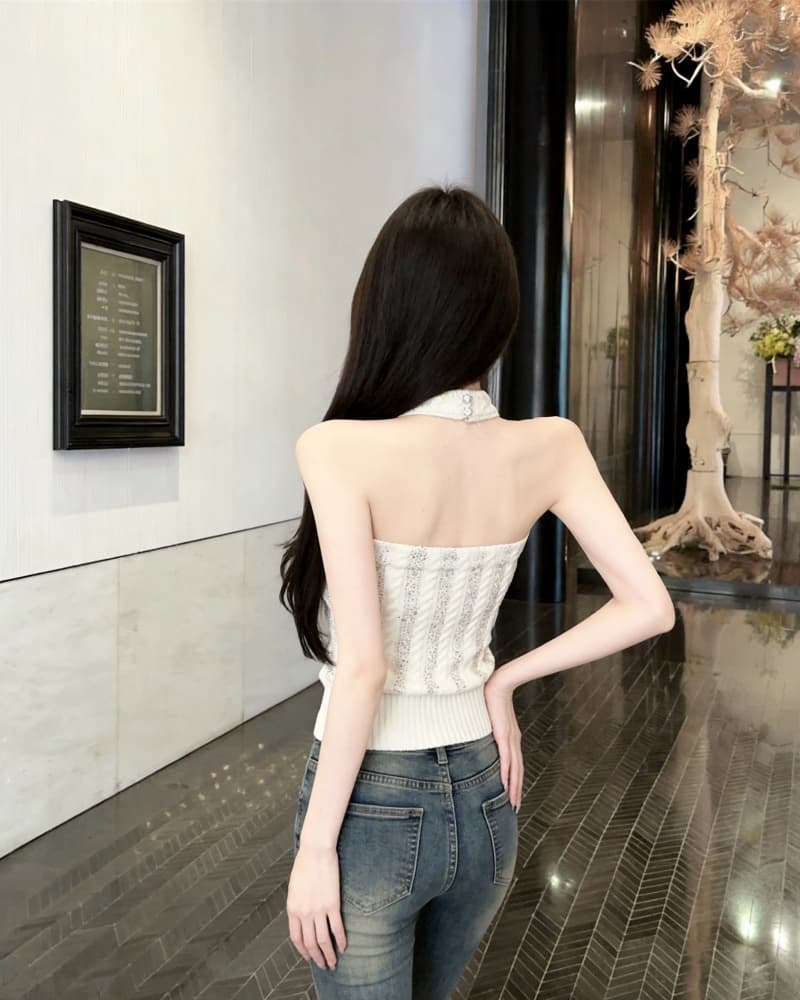 실사 새로운 순수한 욕망 앞면과 뒷면 둘 착용 백리스 핫픽스 행침 목 니트 스웨터 여성 상세 이미지 8