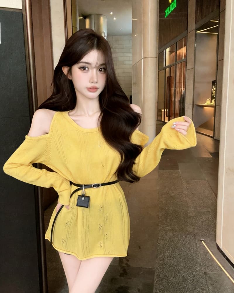 실사 새로운 순수한 욕망 살구 색상 오프숄더 홀로우 아웃 니트 스웨터 맨위 여성 벨트 포함 상세 이미지 7