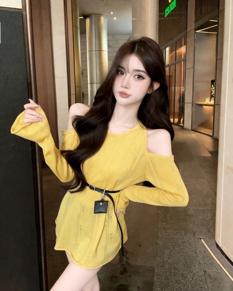 실사 새로운 순수한 욕망 살구 색상 오프숄더 홀로우 아웃 니트 스웨터 맨위 여성 벨트 포함 상세 이미지 10