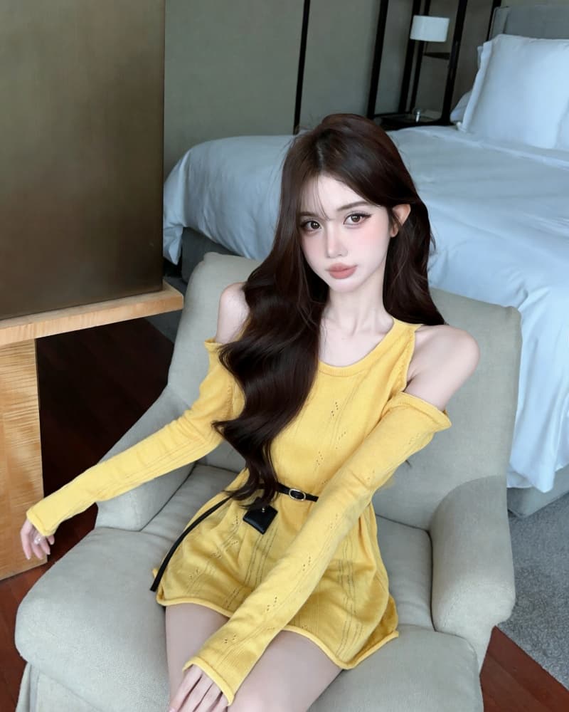 실사 새로운 순수한 욕망 살구 색상 오프숄더 홀로우 아웃 니트 스웨터 맨위 여성 벨트 포함 상세 이미지 11
