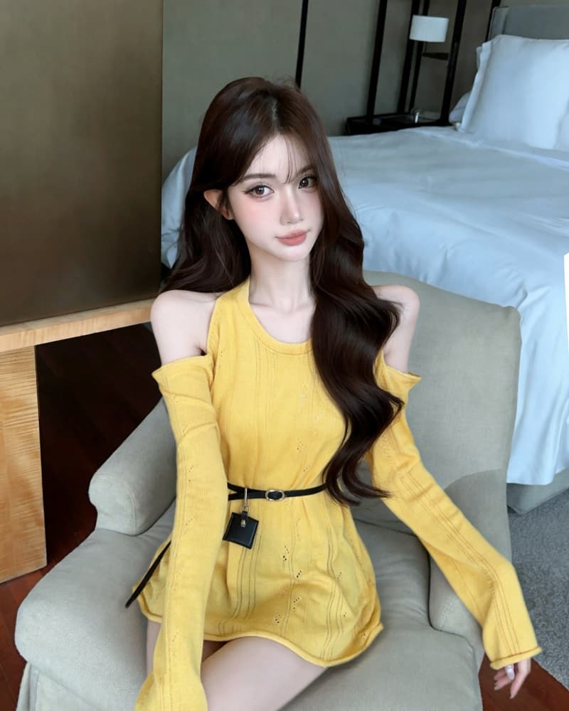 실사 새로운 순수한 욕망 살구 색상 오프숄더 홀로우 아웃 니트 스웨터 맨위 여성 벨트 포함 상세 이미지 15
