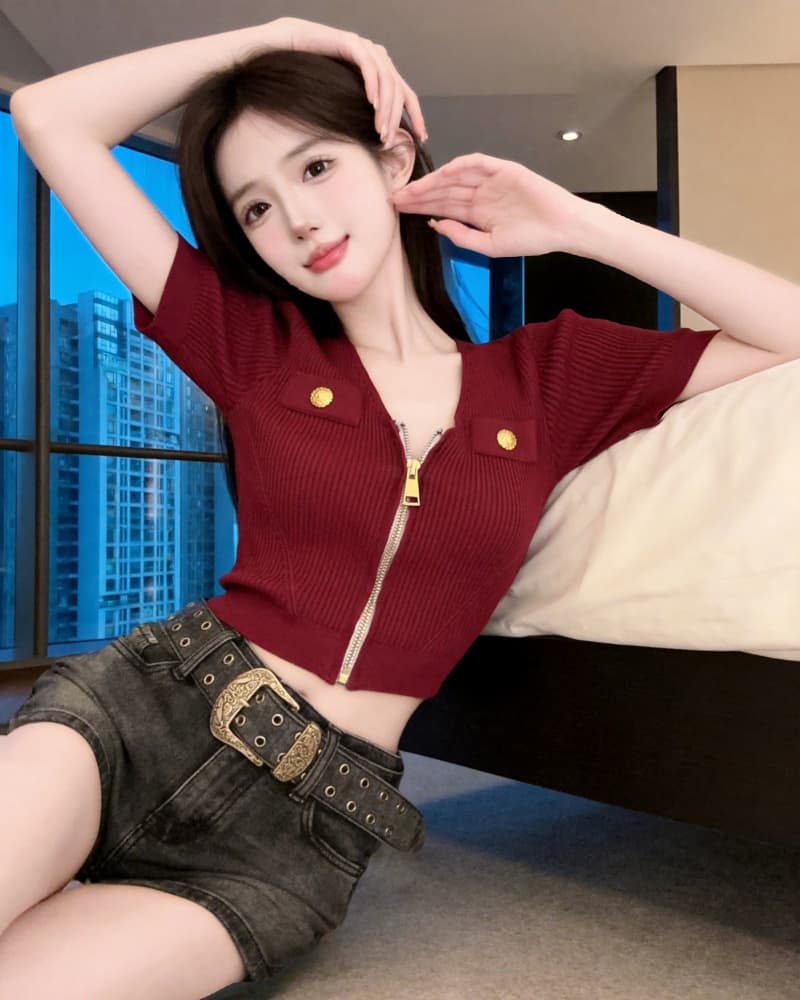 실사 새로운 작은 샤넬 스타일 지퍼 V넥 반팔 니트 티셔츠 여성 이미지 2