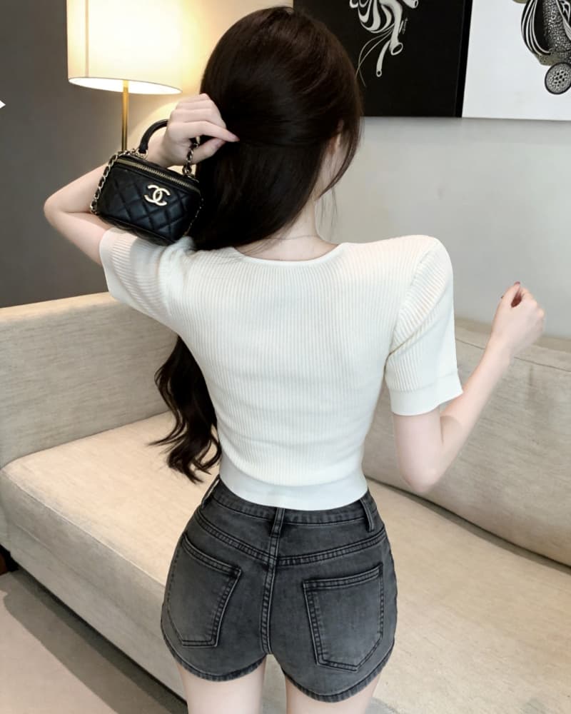 실사 새로운 작은 샤넬 스타일 지퍼 V넥 반팔 니트 티셔츠 여성 이미지 4