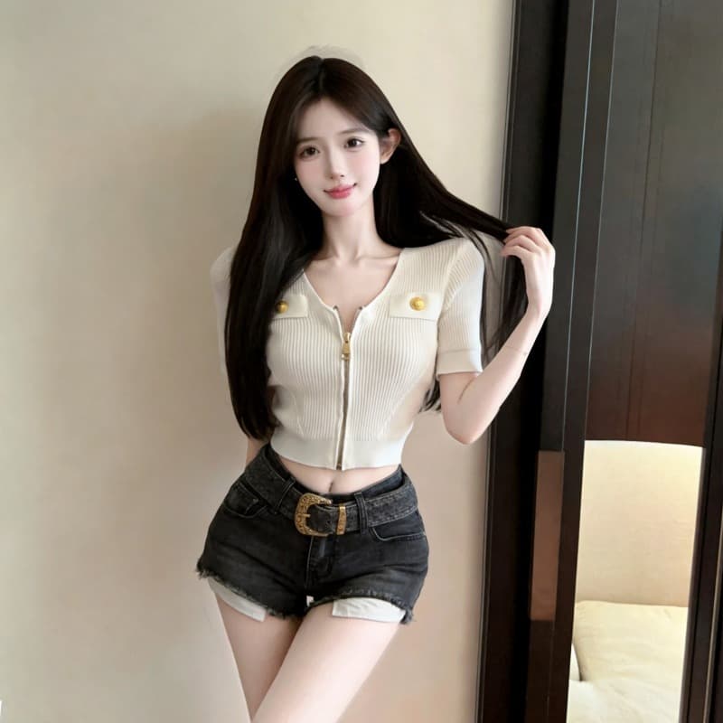 실사 새로운 작은 샤넬 스타일 지퍼 V넥 반팔 니트 티셔츠 여성 이미지 5