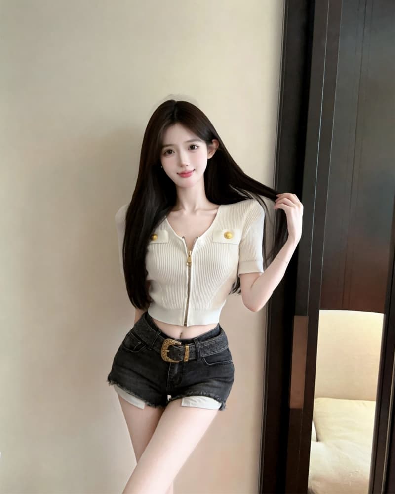 실사 새로운 작은 샤넬 스타일 지퍼 V넥 반팔 니트 티셔츠 여성 상세 이미지 4