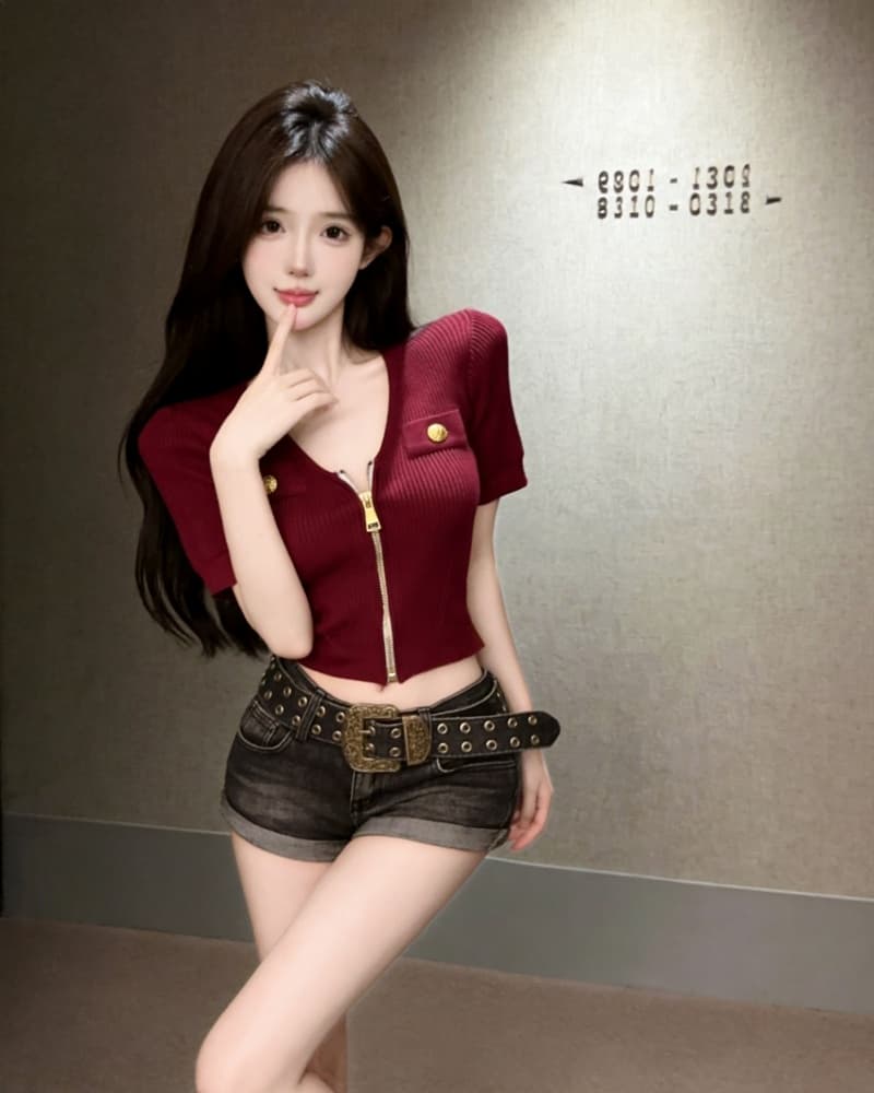 실사 새로운 작은 샤넬 스타일 지퍼 V넥 반팔 니트 티셔츠 여성 상세 이미지 13