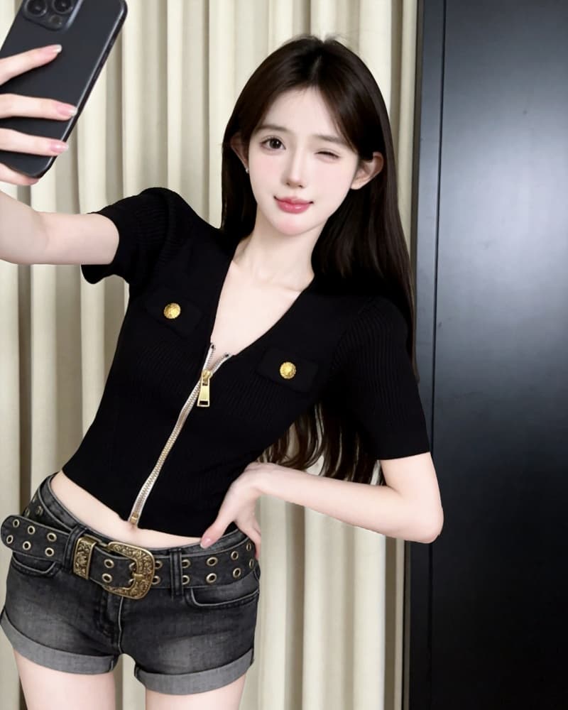 실사 새로운 작은 샤넬 스타일 지퍼 V넥 반팔 니트 티셔츠 여성 상세 이미지 15