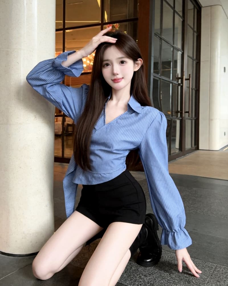 실사 새로운 소녀 센스 절묘한 V넥 레이스업 측면 있음 지퍼 여성 셔츠