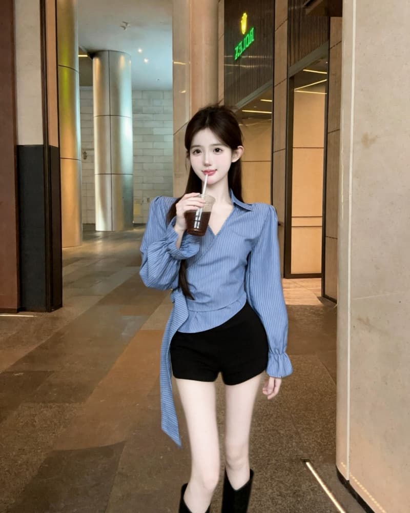 실사 새로운 소녀 센스 절묘한 V넥 레이스업 측면 있음 지퍼 여성 셔츠 상세 이미지 3