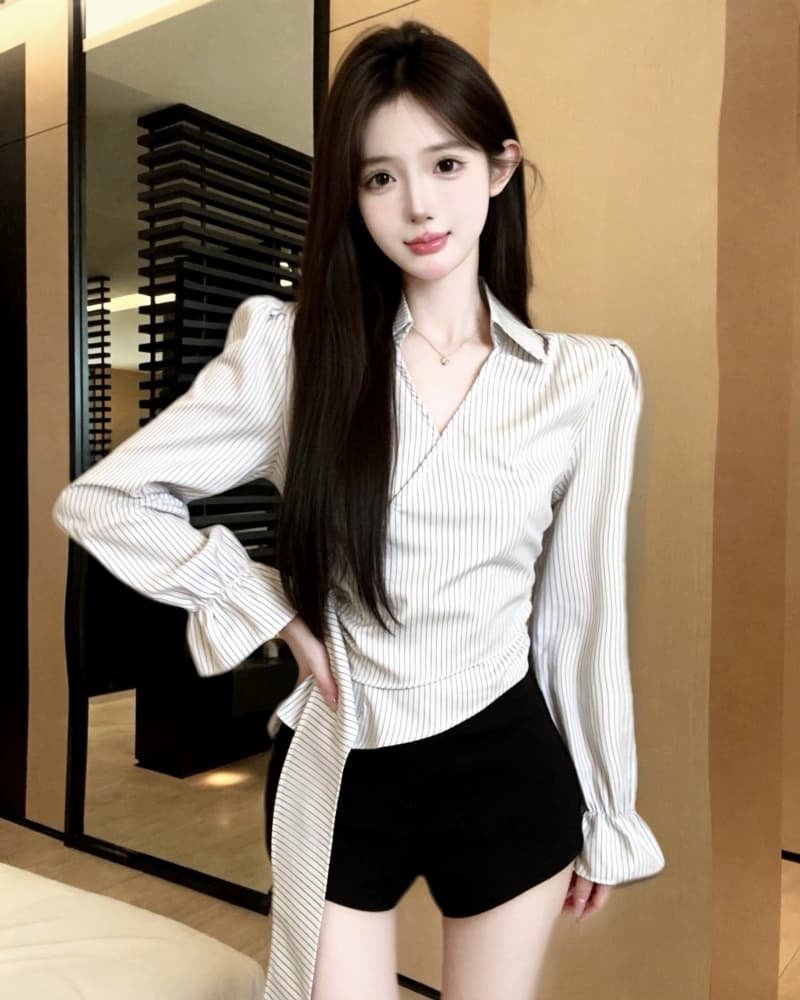 실사 새로운 소녀 센스 절묘한 V넥 레이스업 측면 있음 지퍼 여성 셔츠 상세 이미지 7