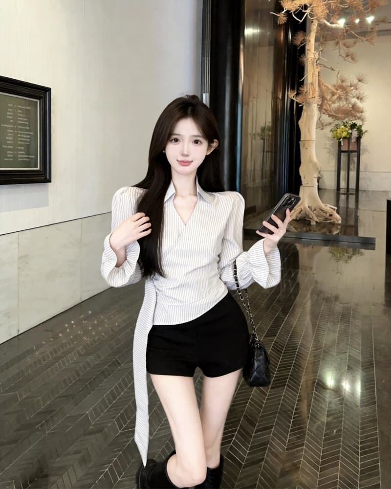 실사 새로운 소녀 센스 절묘한 V넥 레이스업 측면 있음 지퍼 여성 셔츠 상세 이미지 8