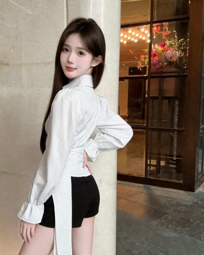 실사 새로운 소녀 센스 절묘한 V넥 레이스업 측면 있음 지퍼 여성 셔츠 상세 이미지 11