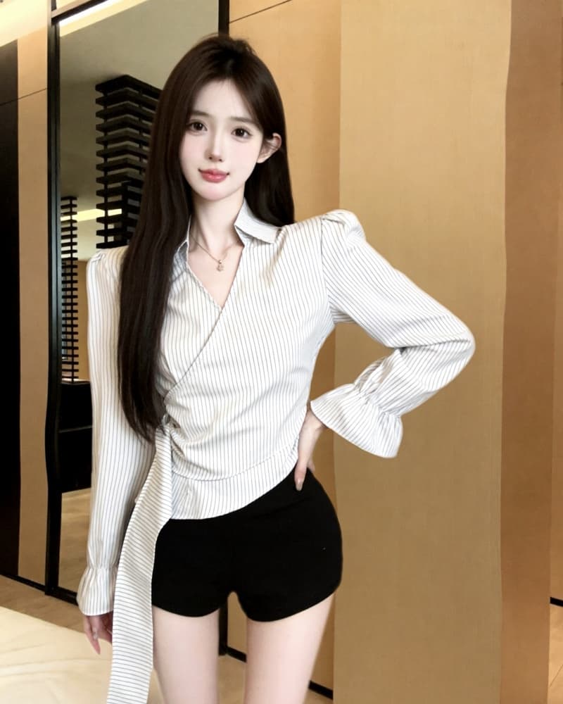 실사 새로운 소녀 센스 절묘한 V넥 레이스업 측면 있음 지퍼 여성 셔츠 상세 이미지 12