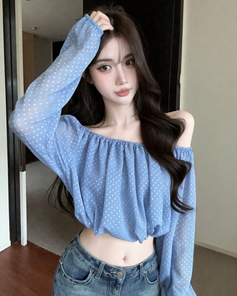 실사 새로운 살구 색상 도트 무늬 쉬폰 오프숄더 거품 소매 맨위 여성 이미지 2