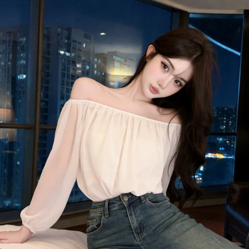 실사 새로운 섹시함 레오파드 무늬 쉬폰 오프숄더 거품 소매 맨위 여성 이미지 5
